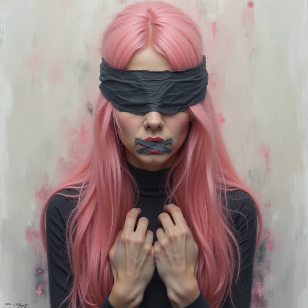 Silenced Woman With Pink Hair Symbolizing Societal Oppressio...