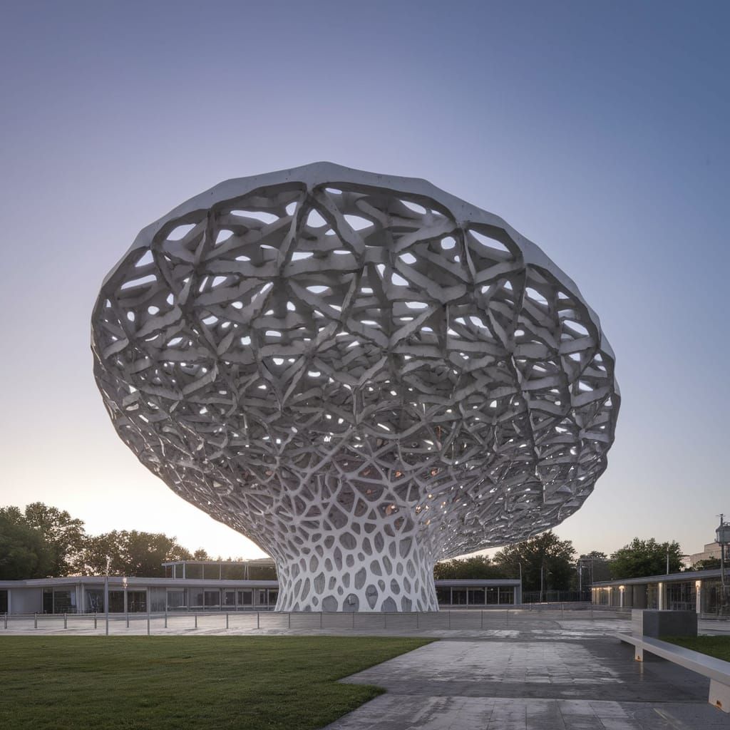 A massive structure blending organic curves with sharp angle...