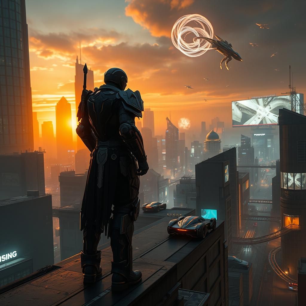 Dystopian Cityscape Sunset with Armored Hero