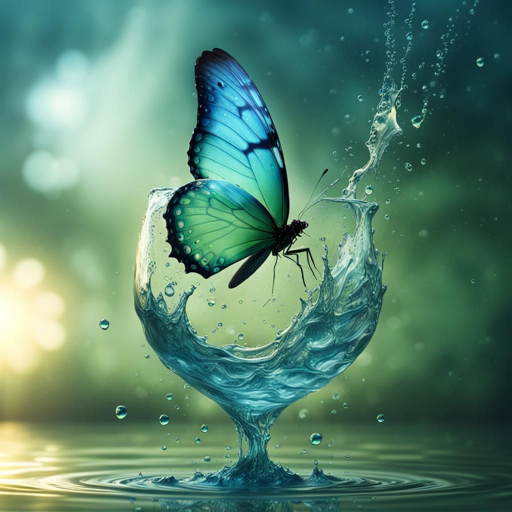 Glass Butterfly Splashing in Water: Digital Painting