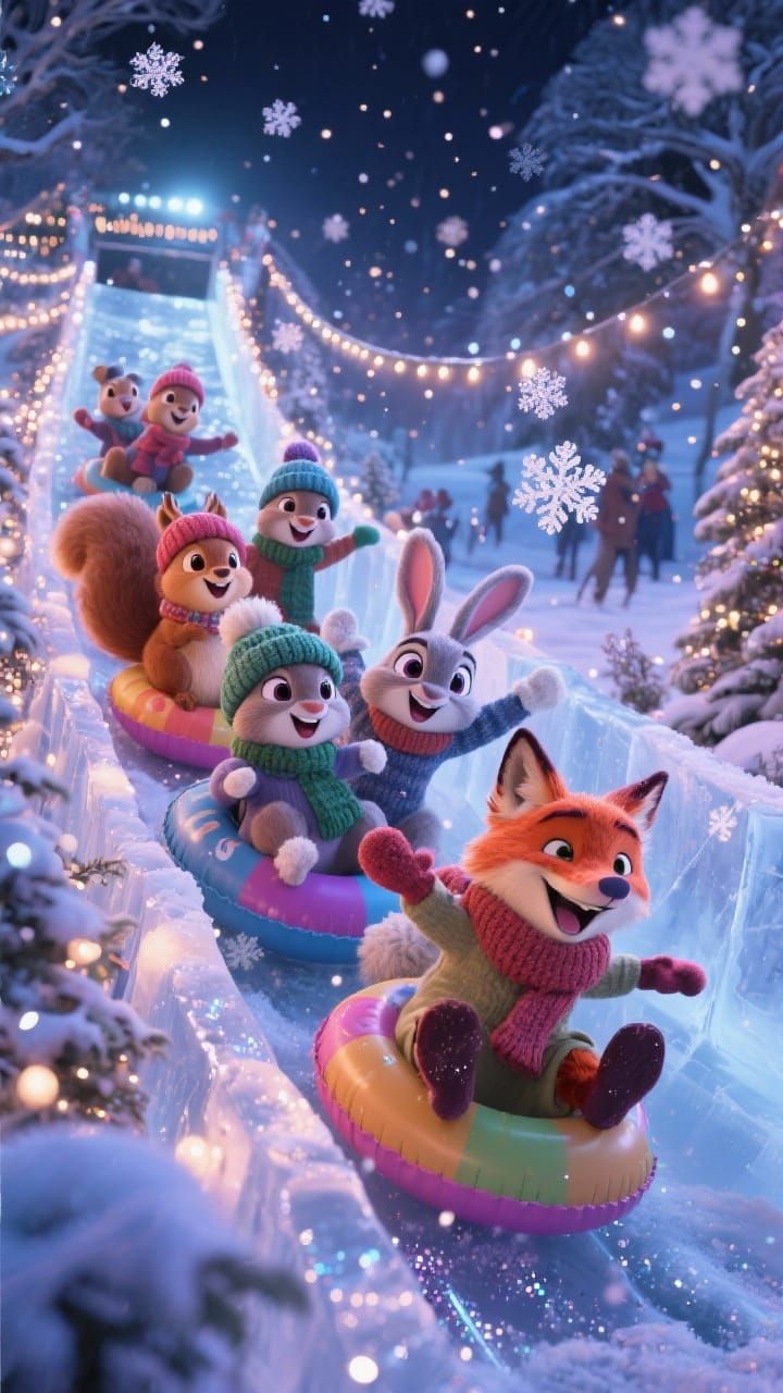 Woodland Animals Enjoy Winter Wonderland Slide