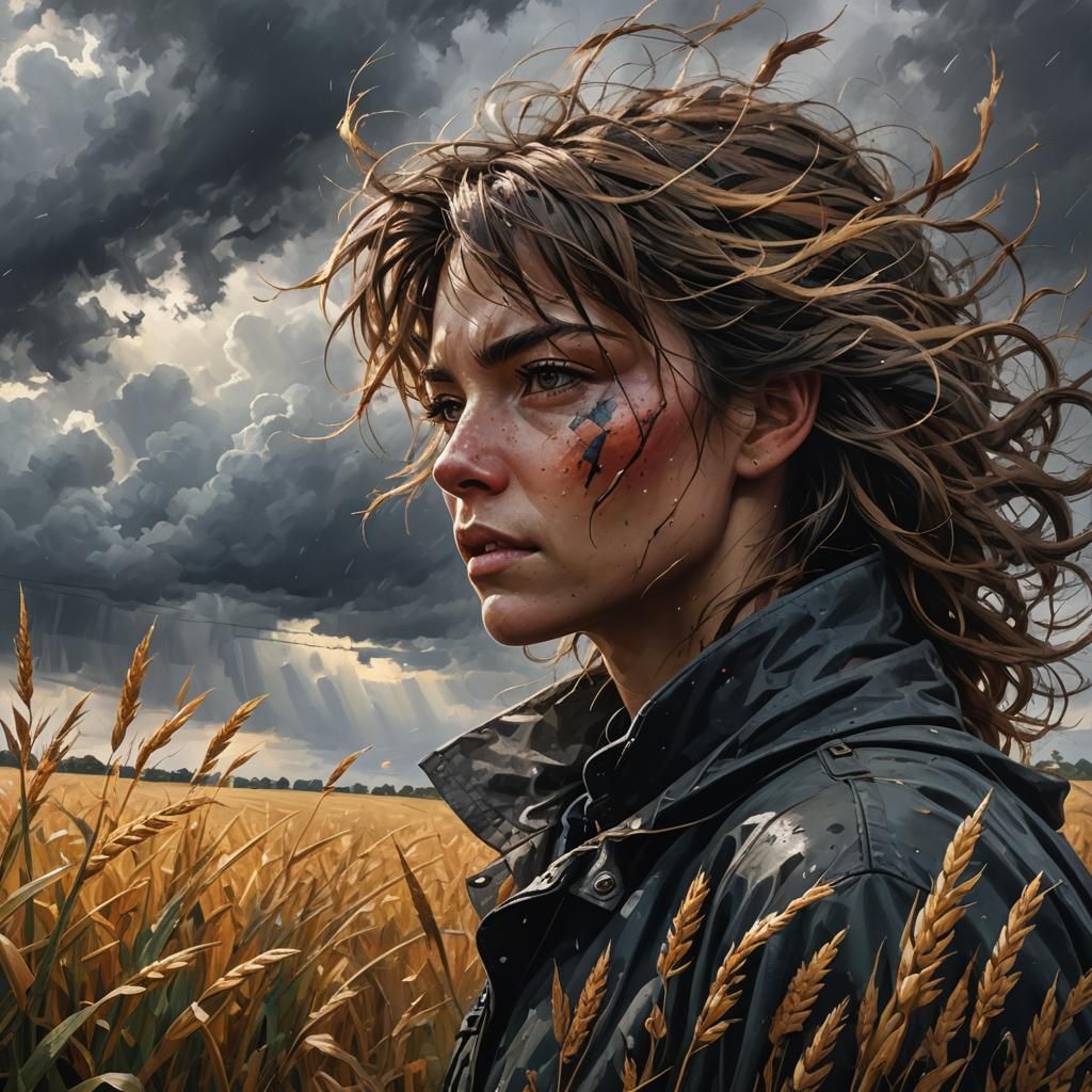 Dramatic Windswept Field Under Cloudy Skies