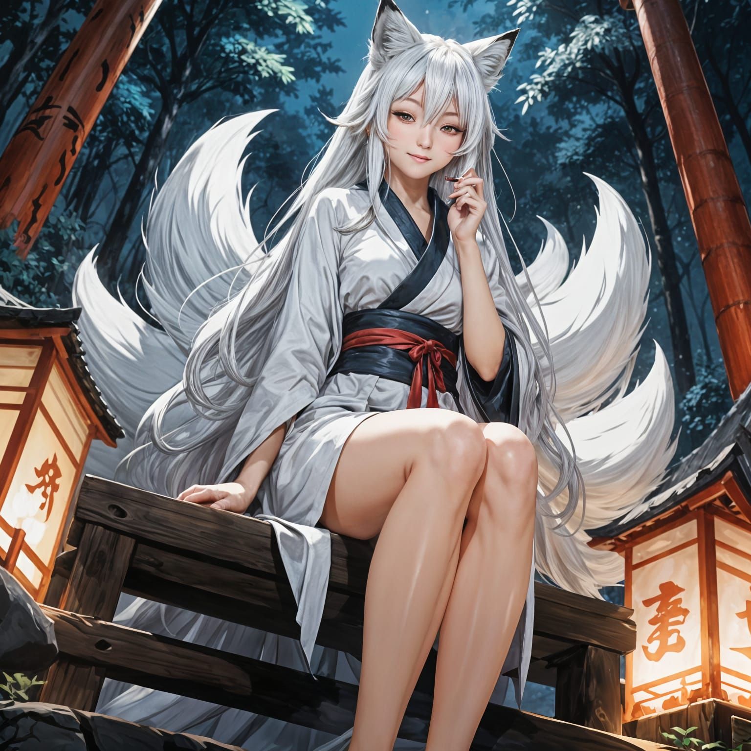 Anime Kyuubi Fox on Torii in Forest