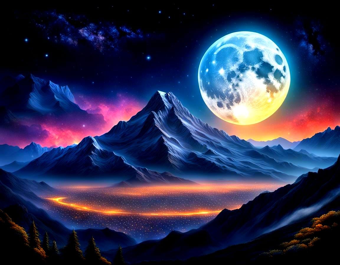 Majestic Moon Over Mountain: Pointillist Space Scene