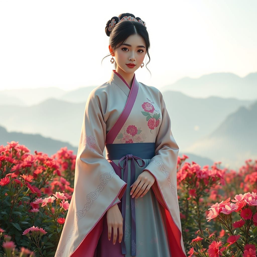 Elegant Korean Actress Amidst Vibrant Blossoms