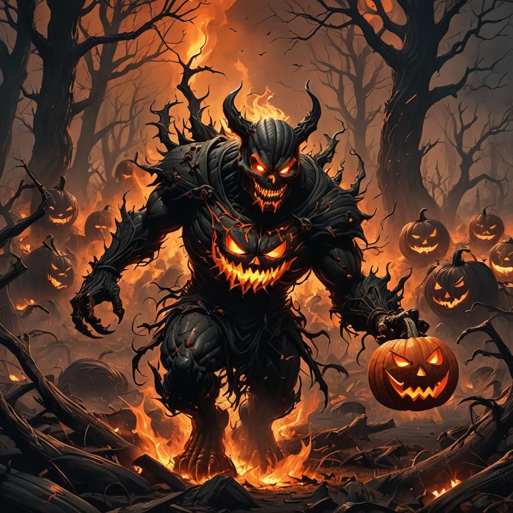 Scary Pumpkin Monster in Dark Fantasy Illustration