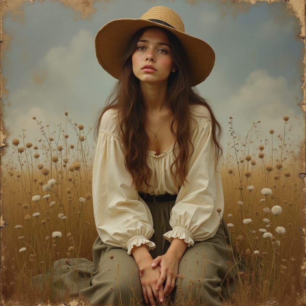 Ethereal Woman in Field: Classical Oil Portrait