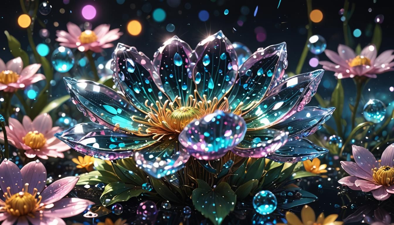 sparkling magical fantasy glass flower dewdrop, very detailed, amazing quality, intricate, cinematic light, highly detai...
