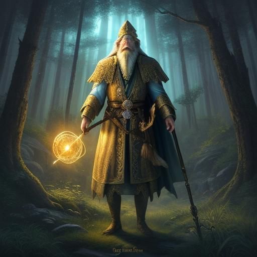 Powerful Wizard in Mystical Forest Illustration