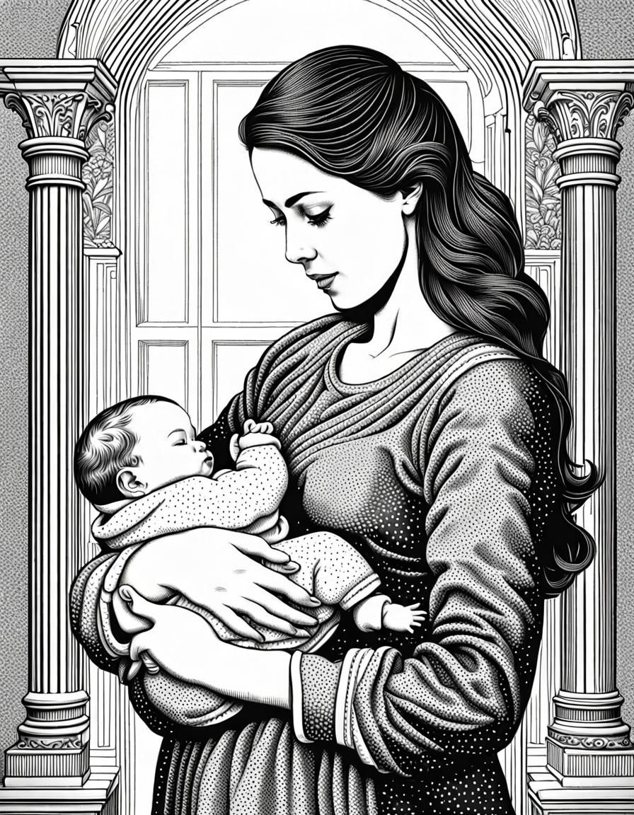 Detailed Drawing of Mother Holding Newborn Baby