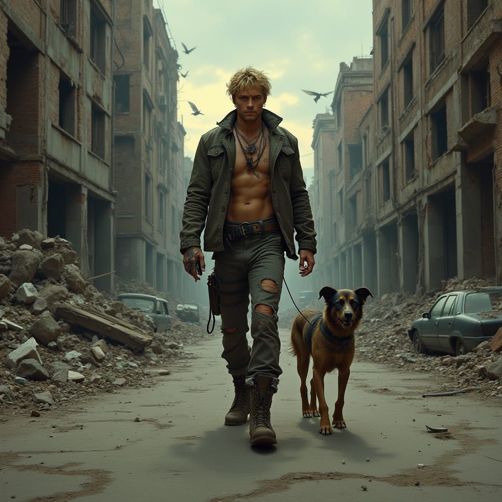 Post-Apocalyptic Survivor Walks Down War-Torn Street