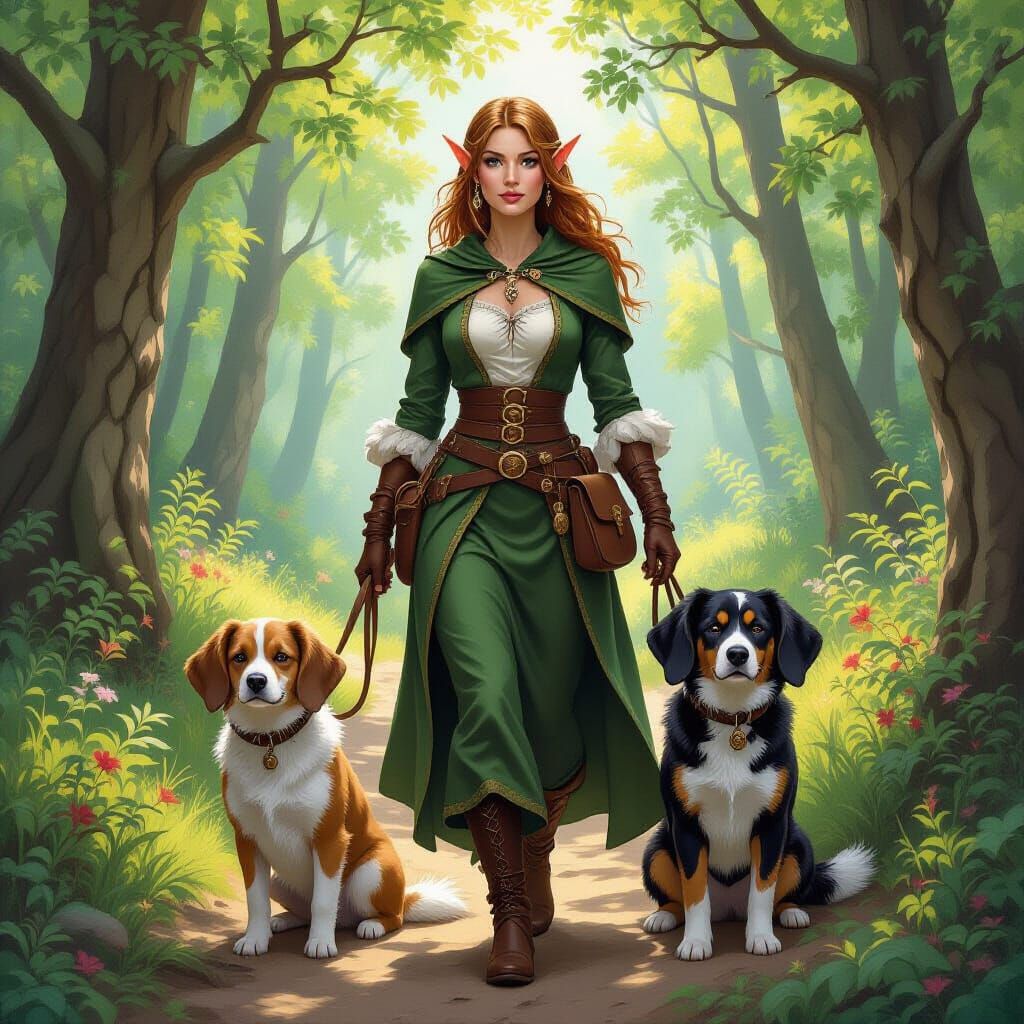 Elf Adventurer and Hounds in Detailed Oil Painting