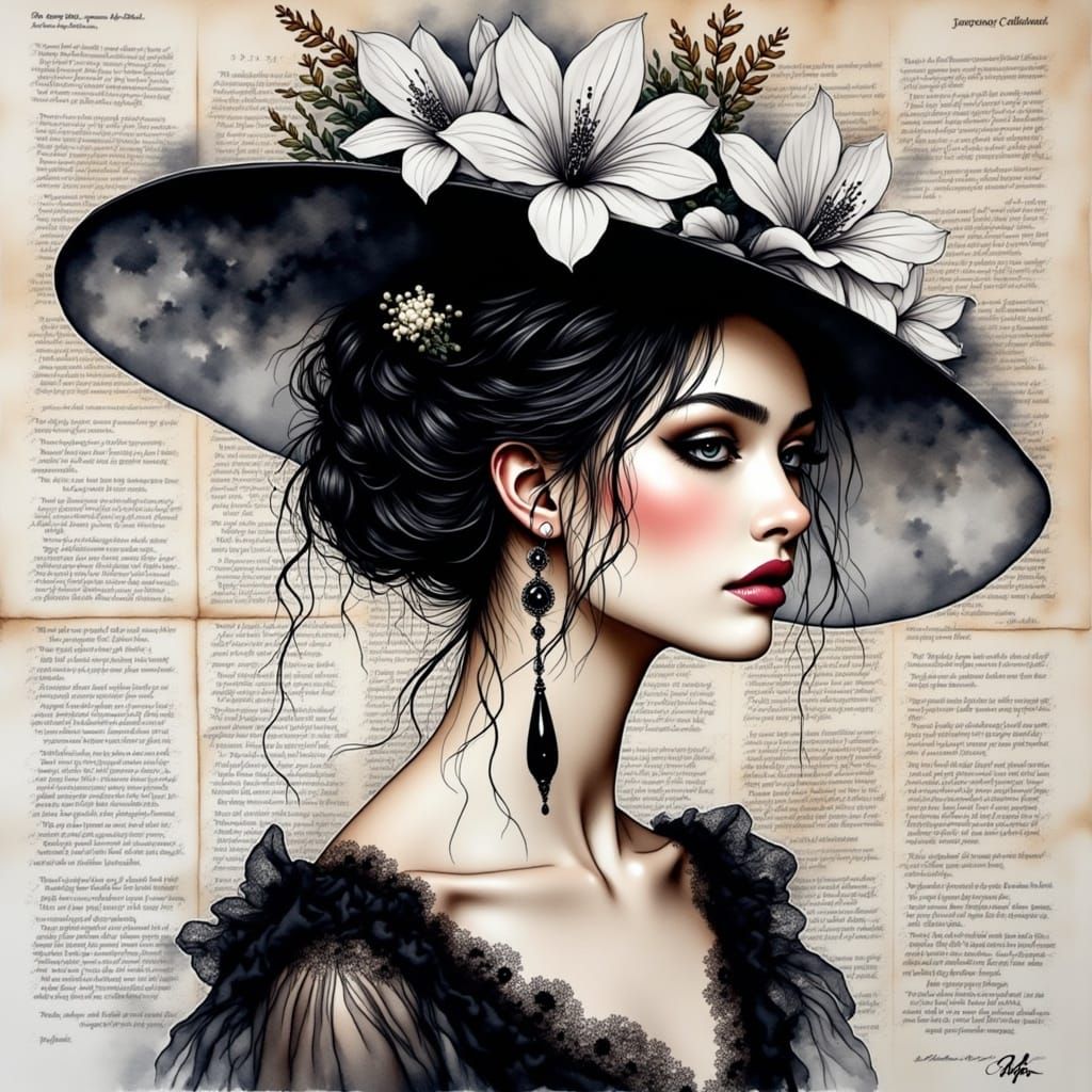 Elegant Lady in Antiquated Style, Wearing Black Hat with Whi...