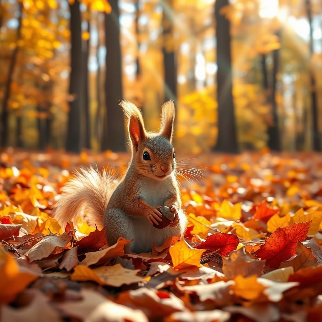 Whimsical Autumn Squirrel in a Forest of Golden Light