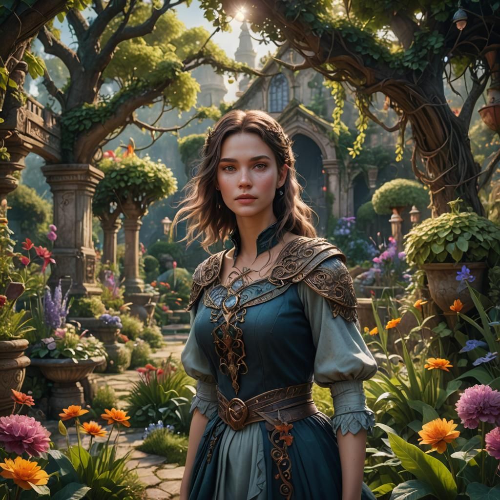 Beautiful Girl in Garden: Fantasy Concept Art