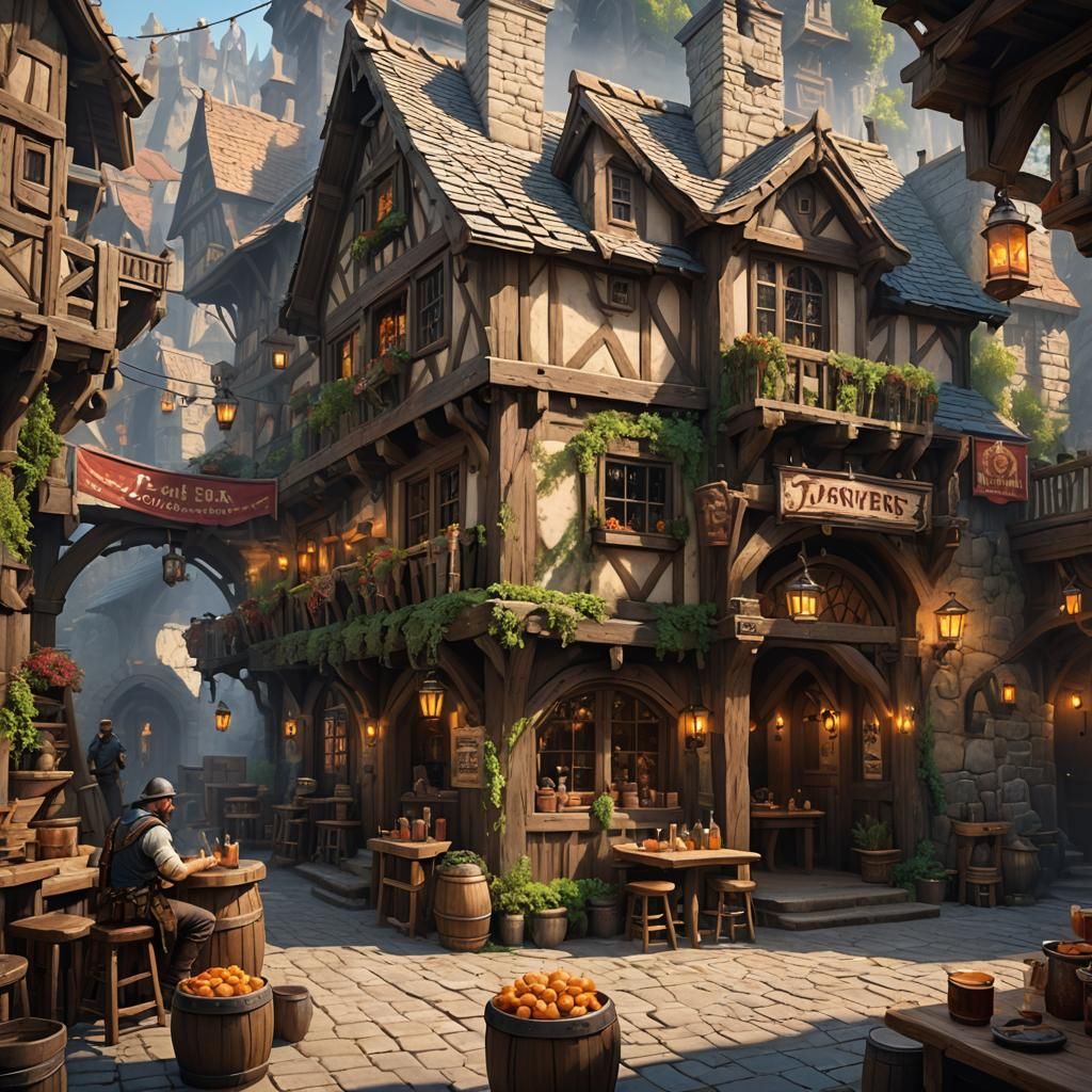 Adventurers in a Fantastical Tavern, Detailed Digital Painti...