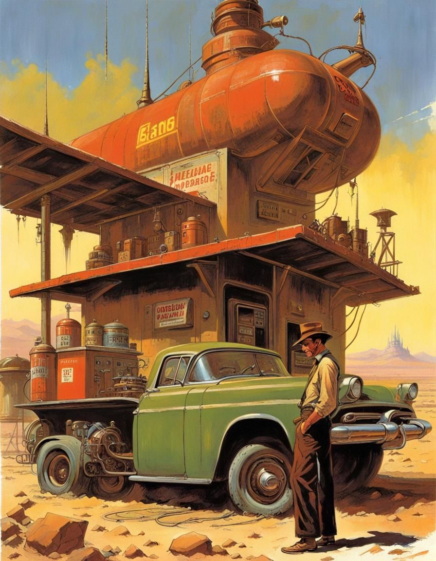 Retrofuturistic Gas Station Attendant in Sci-Fi Style