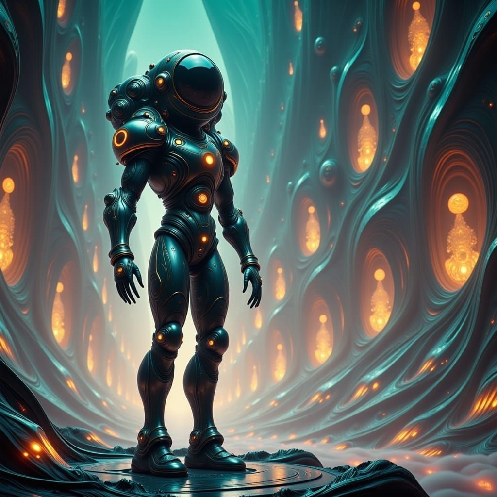 Astronaut in Biomechanical Suit on Surreal Neon Planet
