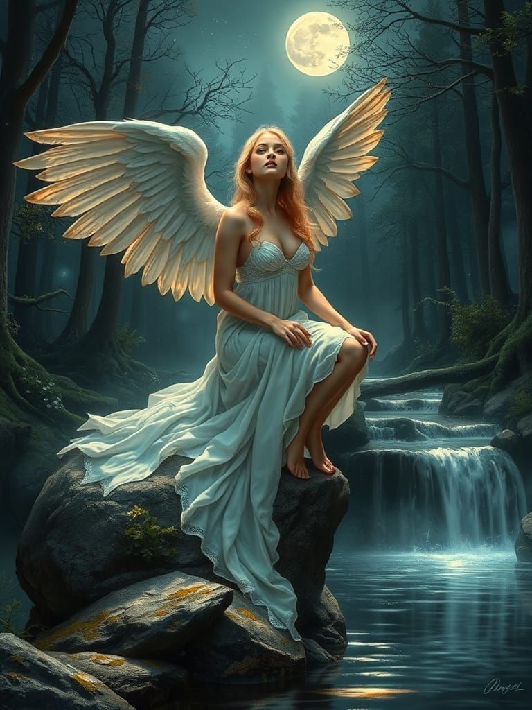 Fallen Angel in Moonlit Forest Digital Art