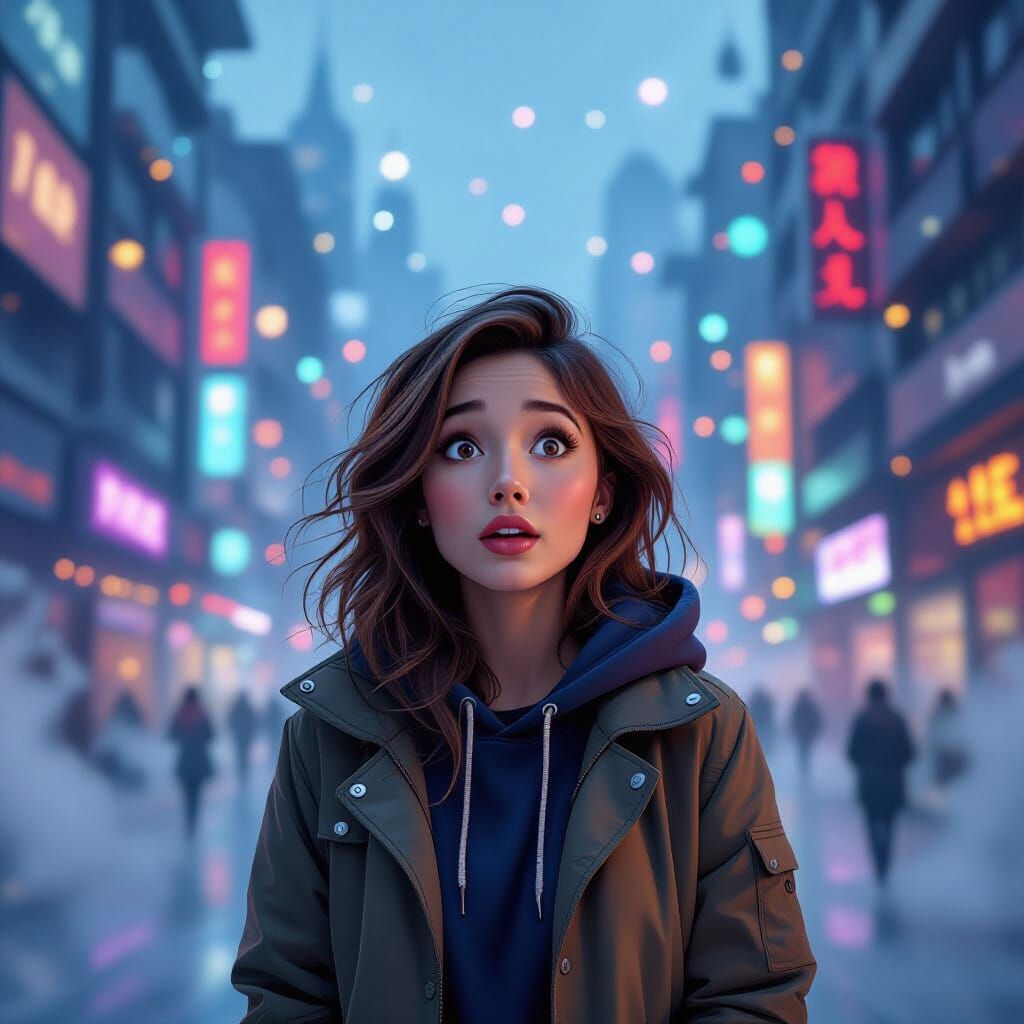 Surprised Woman in Futuristic Dreamlike Cityscape