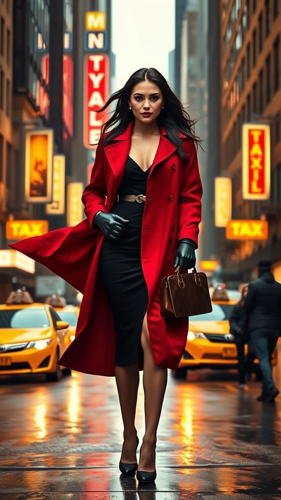 Poised Woman in Crimson Trench Coat, New York City Street Sc...