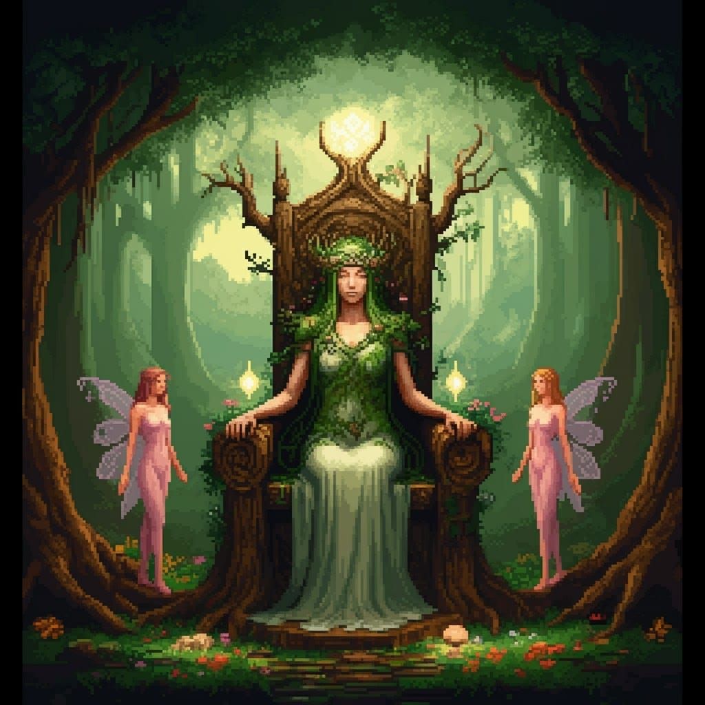 Earth Goddess on Throne: 8-bit Pixel Art