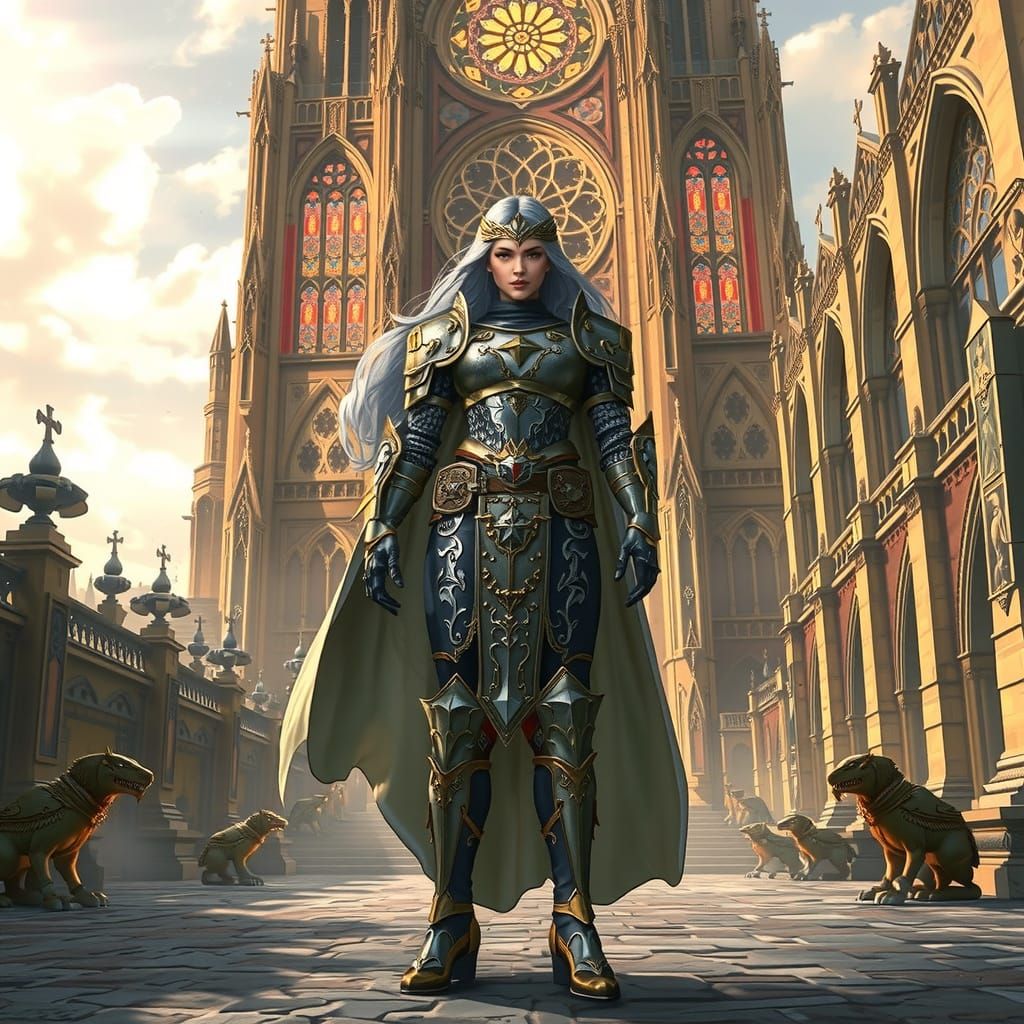 Gothic Female Paladin in Opulent Silver and Gold Armor