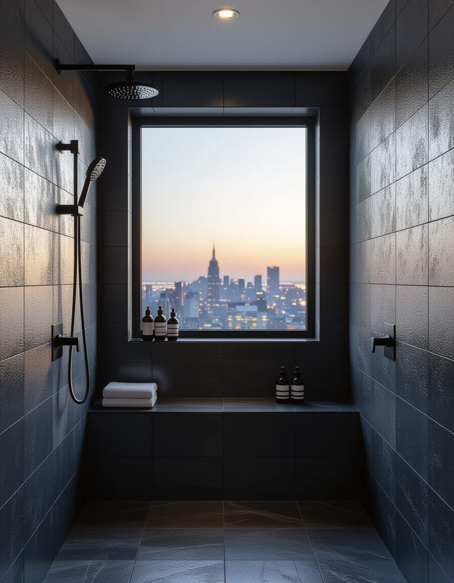 Dark Grey Luxury Shower with Cinematic Lighting