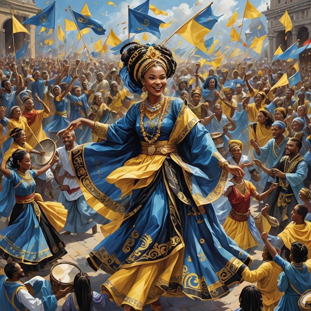 Festive Crowd Dancing with Musical Instruments