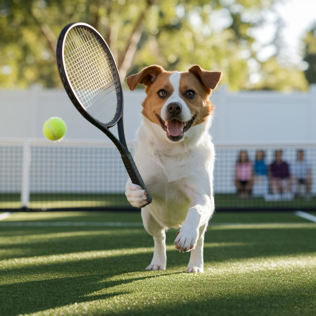Cute Male Dog Plays Lawn Tennis in Whimsical Summer Scene