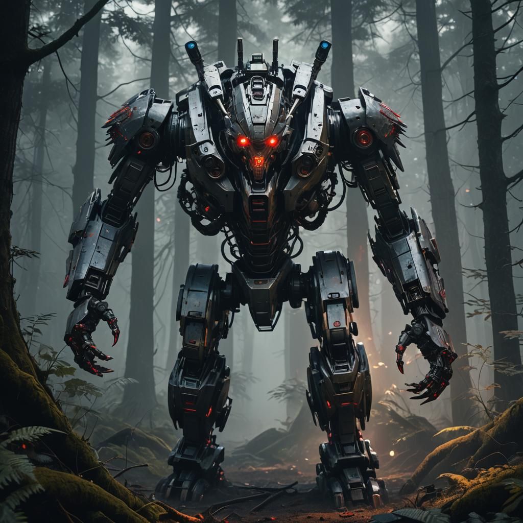 Cyberpunk Robot Monster in Misty Forest