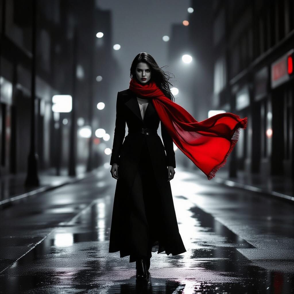 Monochromatic Cityscape with Woman in Red Scarf