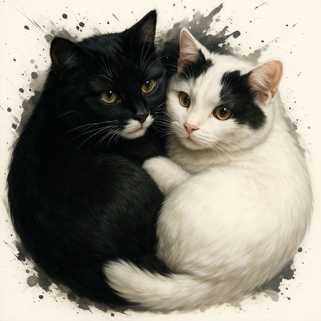 Yin Yang Cats Cuddling Hyperrealistic Splash Art