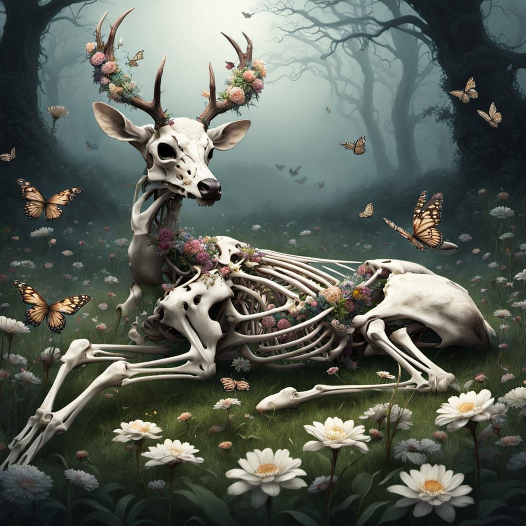 Skeletal Deer in Blooming Meadow: Digital Painting