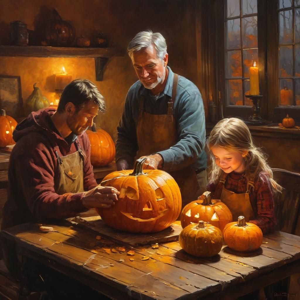 Family Carving Pumpkins: Impressionistic Oil Painting