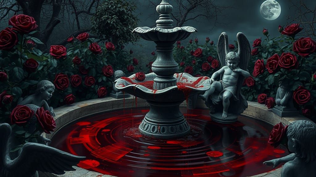 Haunted Rose Garden Fountain in Gothic Horror Style