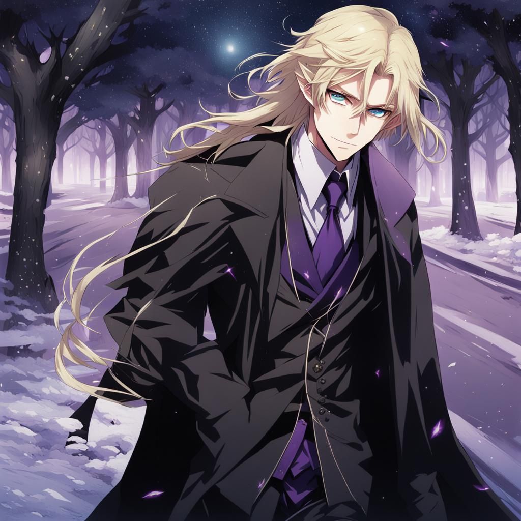 Anime-Style Elf Man with Long Hair in Black Coat
