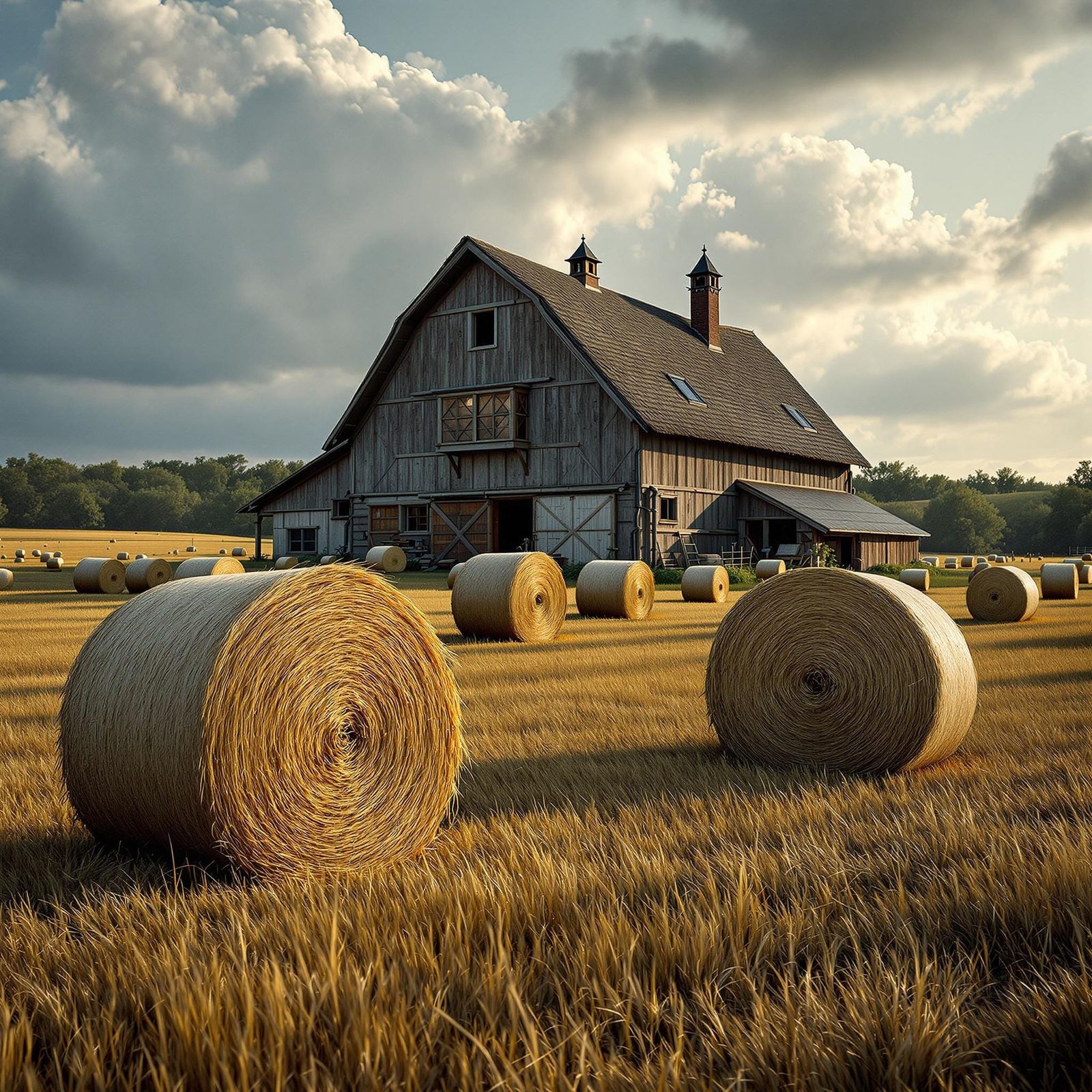 Hyperrealistic Farmhouse with Hay Bales in HDR