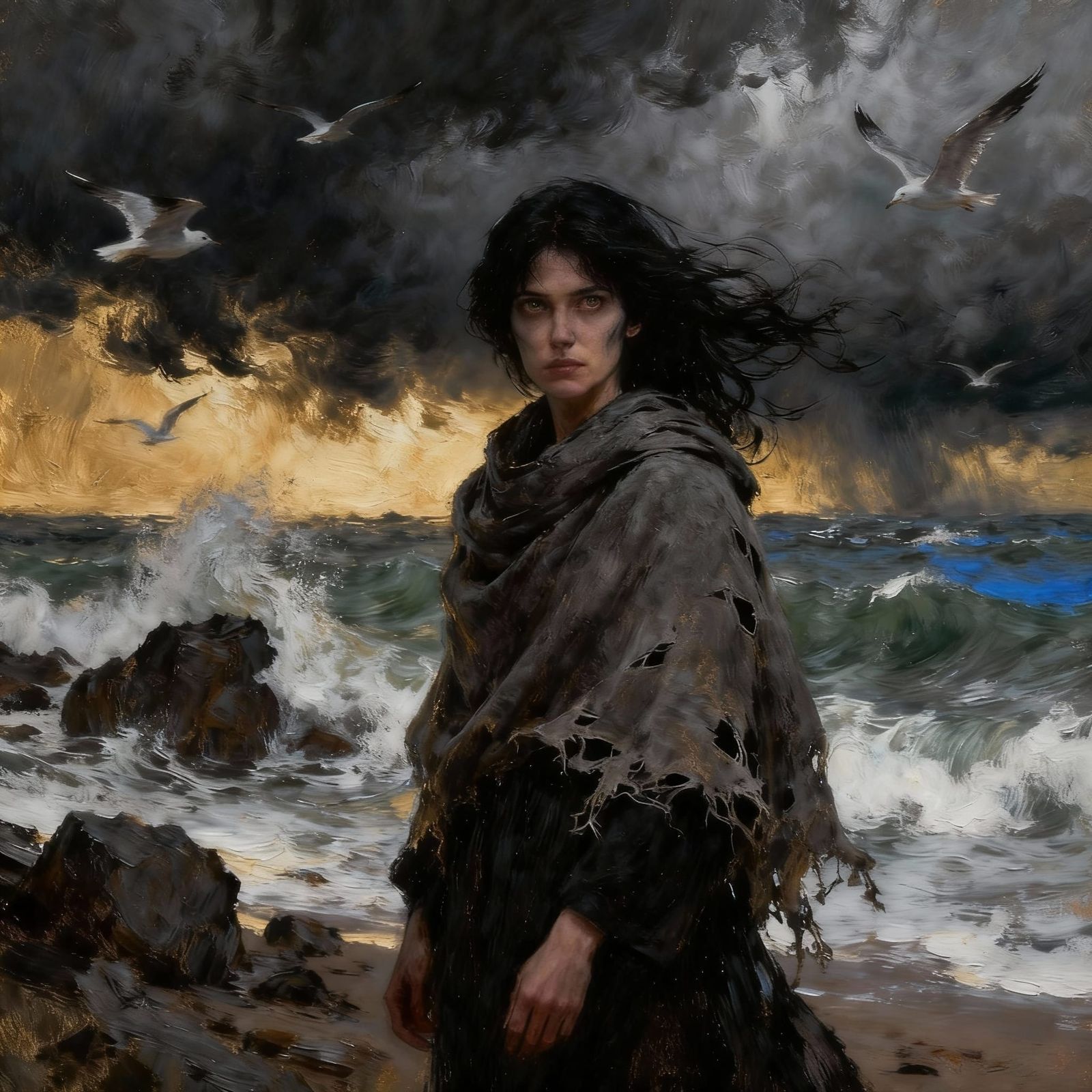 Haunted Woman on Stormy Shore in Impasto Oil Painting