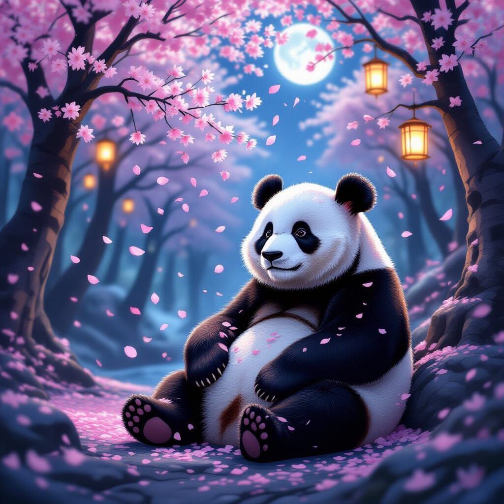 Panda Under Cherry Blossoms in Magical Forest
