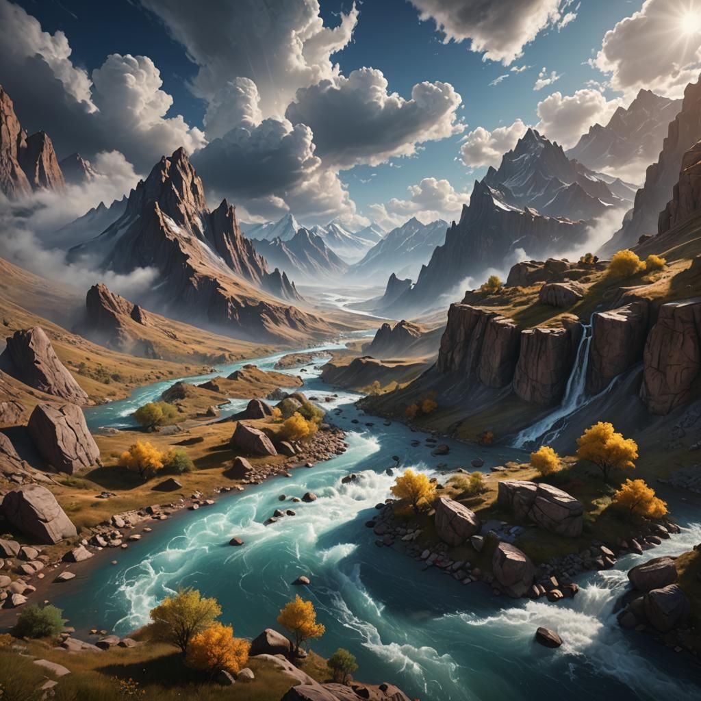 River Flowing Through Mountain with Text in Clouds