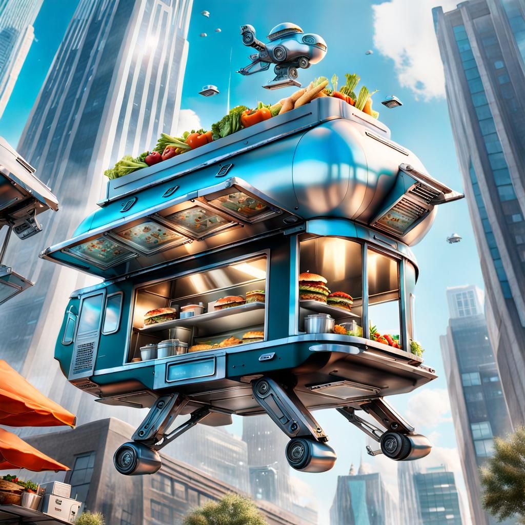 Ultra Detailed Flying Food Truck Serving Office Building