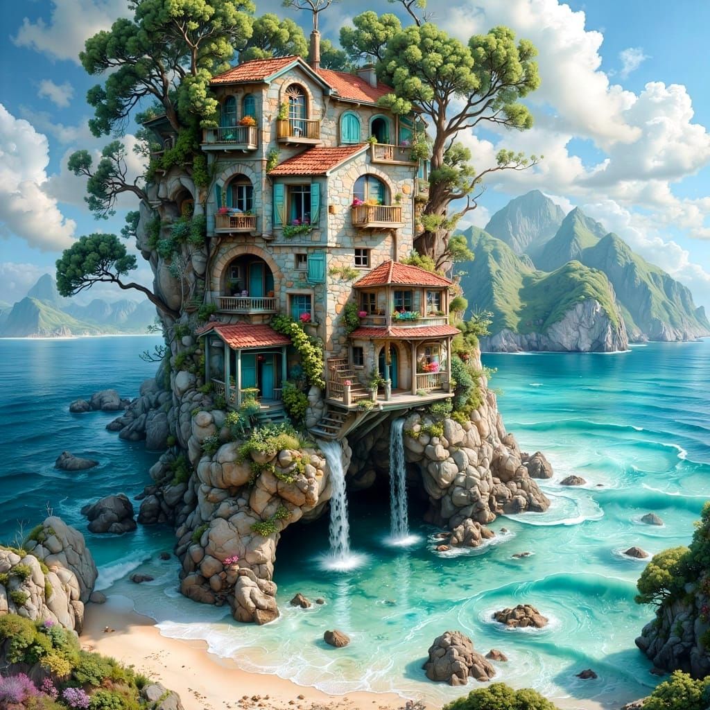 Surreal Upside-Down House on Island, Oil Painting