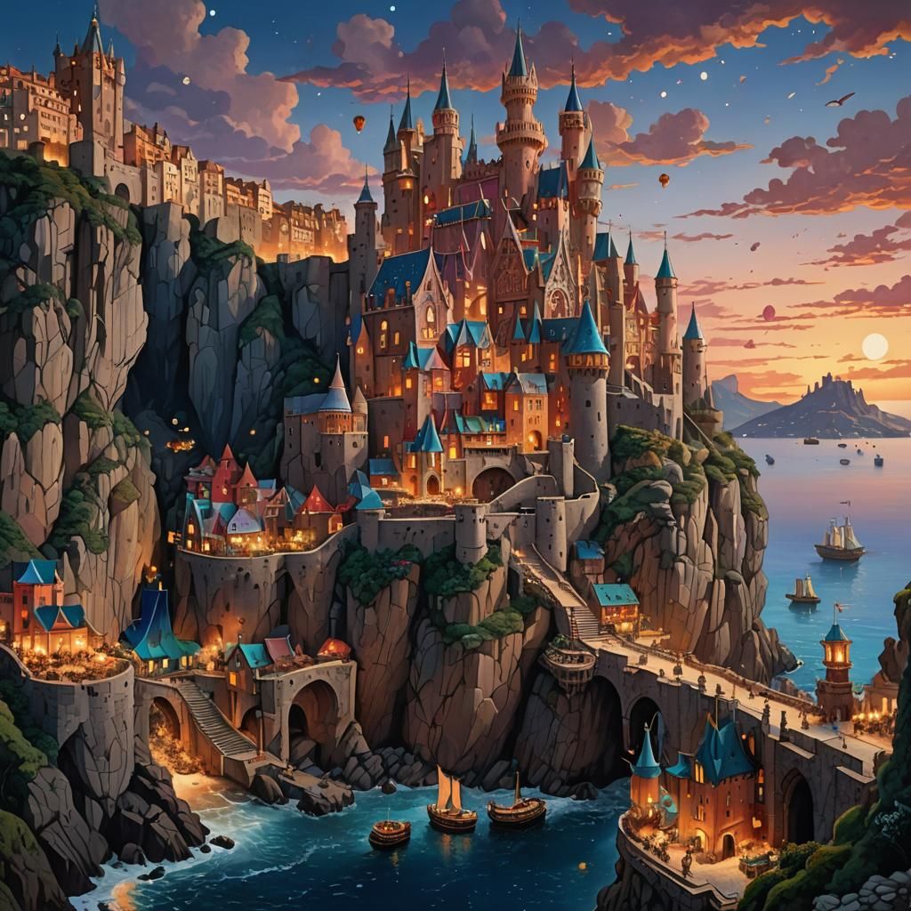 Gaudi Castle on Cliffside at Dusk