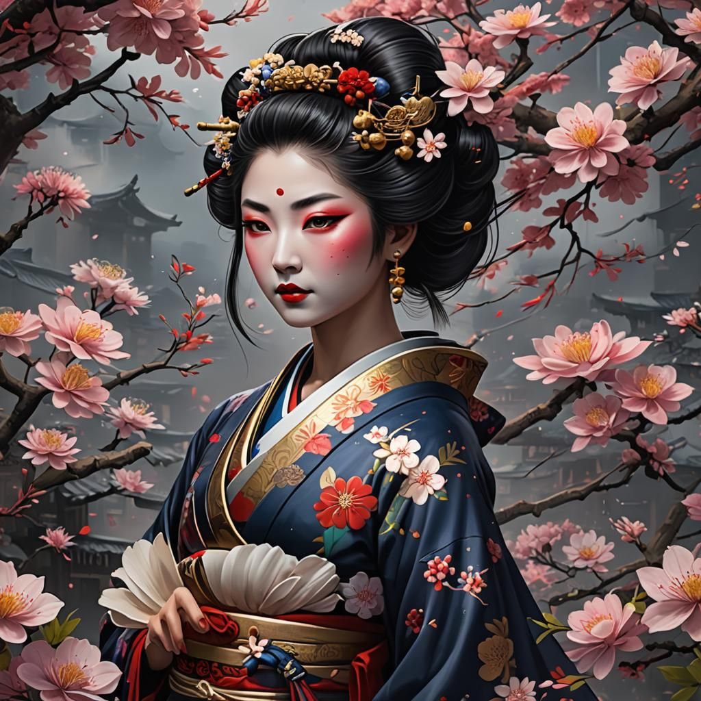 Geisha and Flowers: Detailed Matte Painting in Deep Color