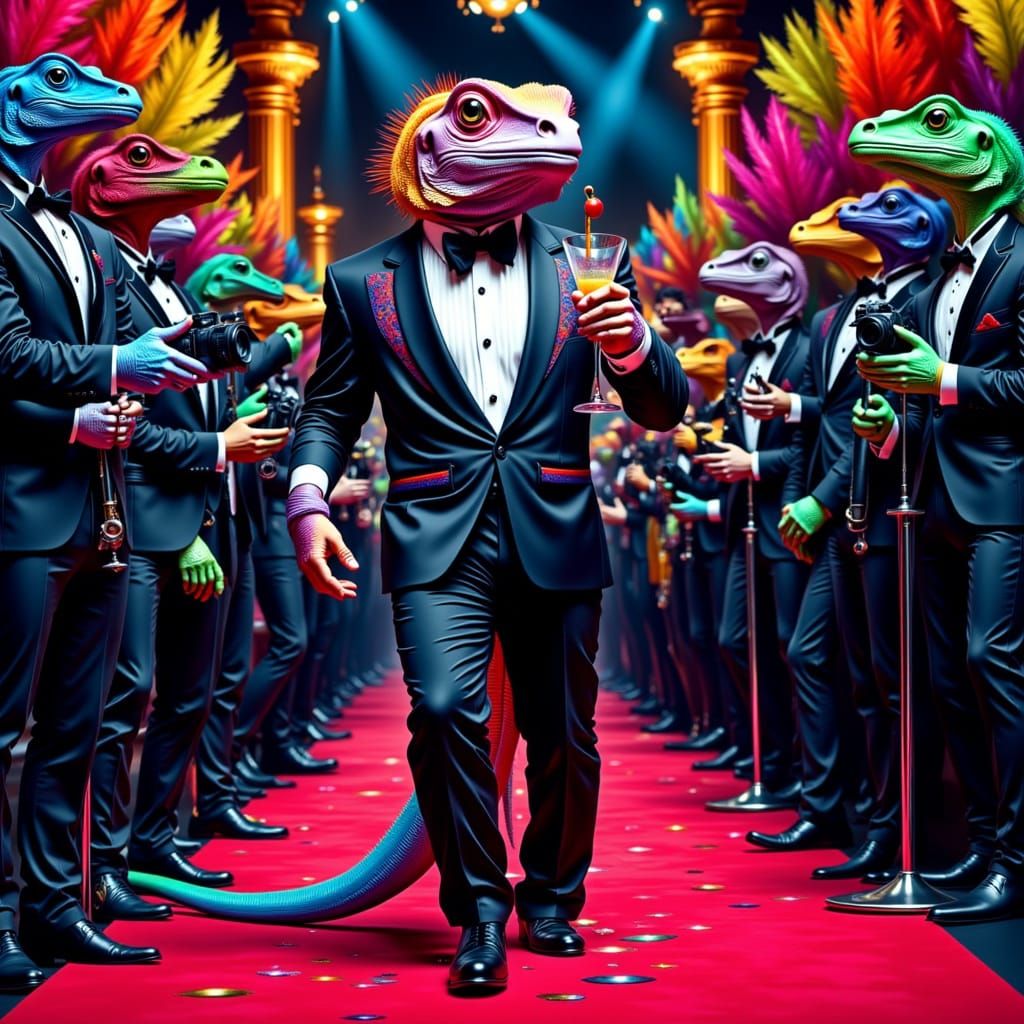 Lizard in Tuxedo on Red Carpet, Bold Art Style