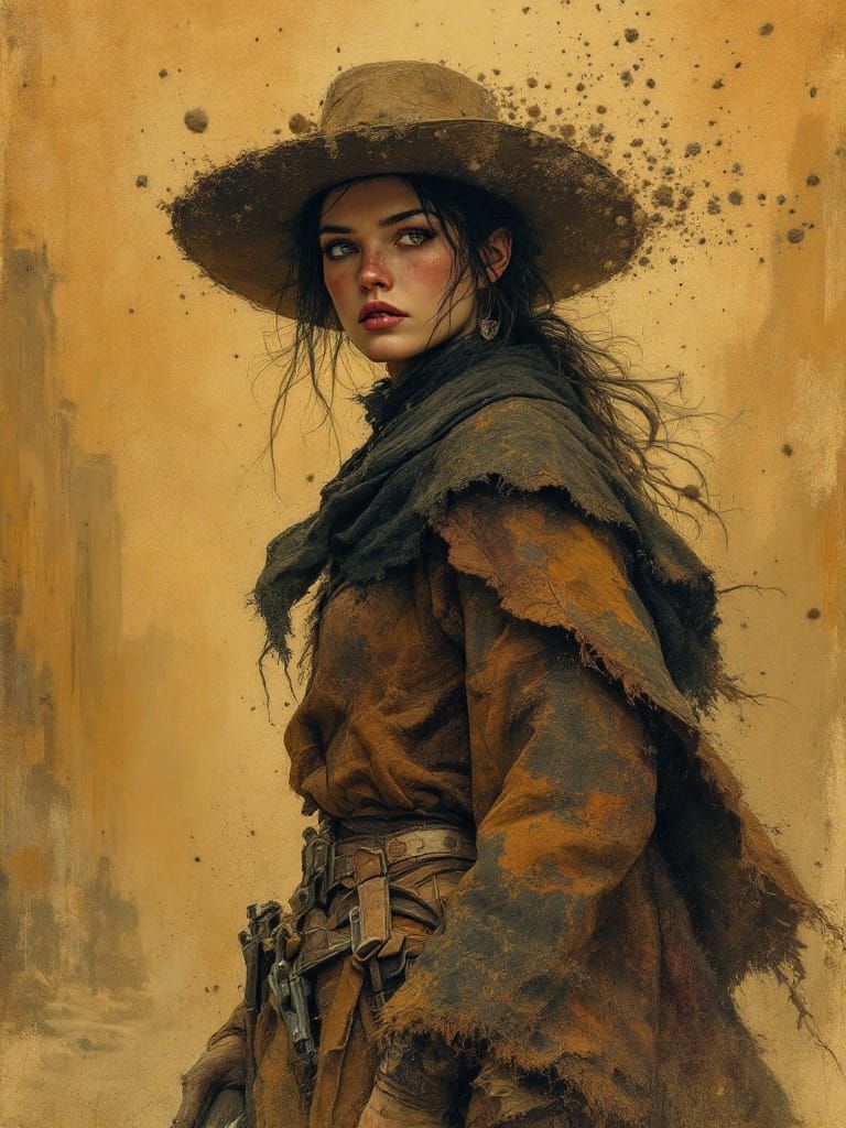 Steely Eyed Gunfighter Woman in Sepia-Toned Old West