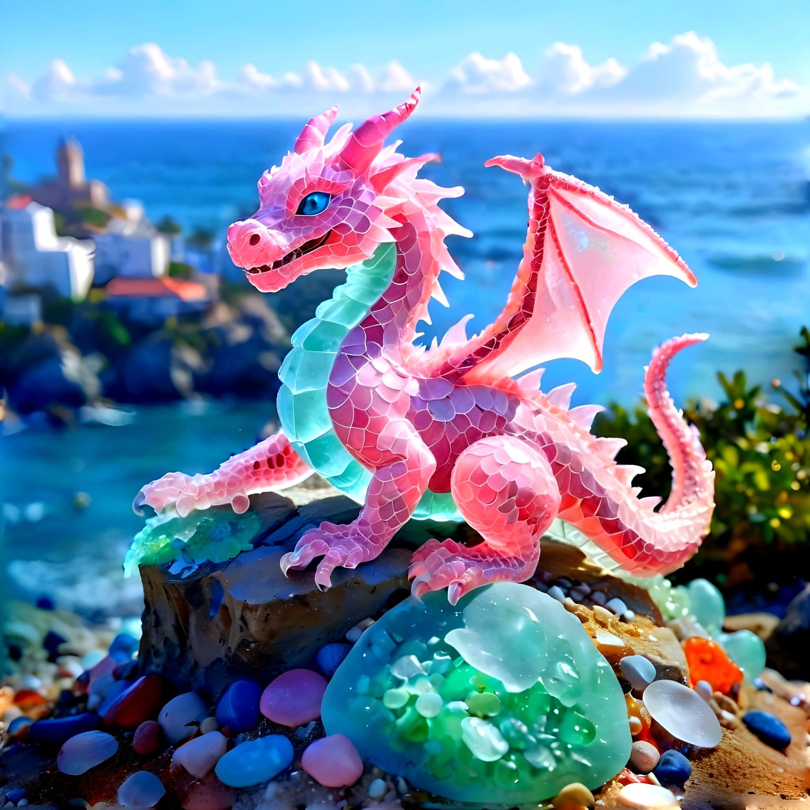 Pink Dragon Sea Glass Mosaic Sculpture on Tropical Beach