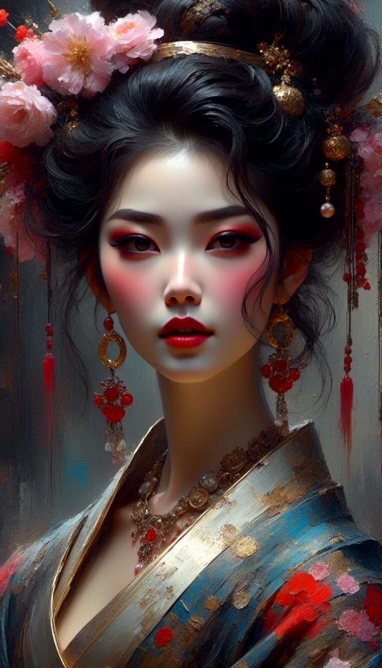 Gracious Geisha Portrait in Rococo Style