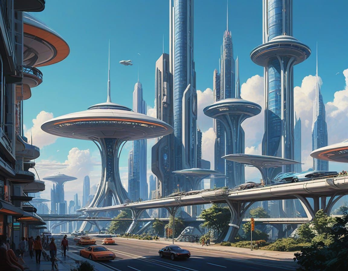 Retro-Futuristic Metropolis in Bright Blue Skies